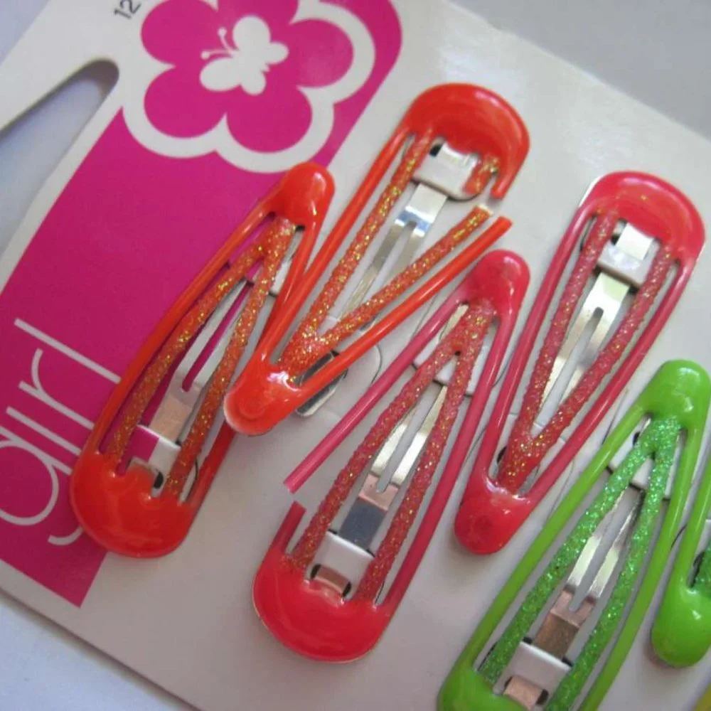12 Scunci Girls Double Bar Glitter Colored Epoxy Metal Snap Contour Hair Clips